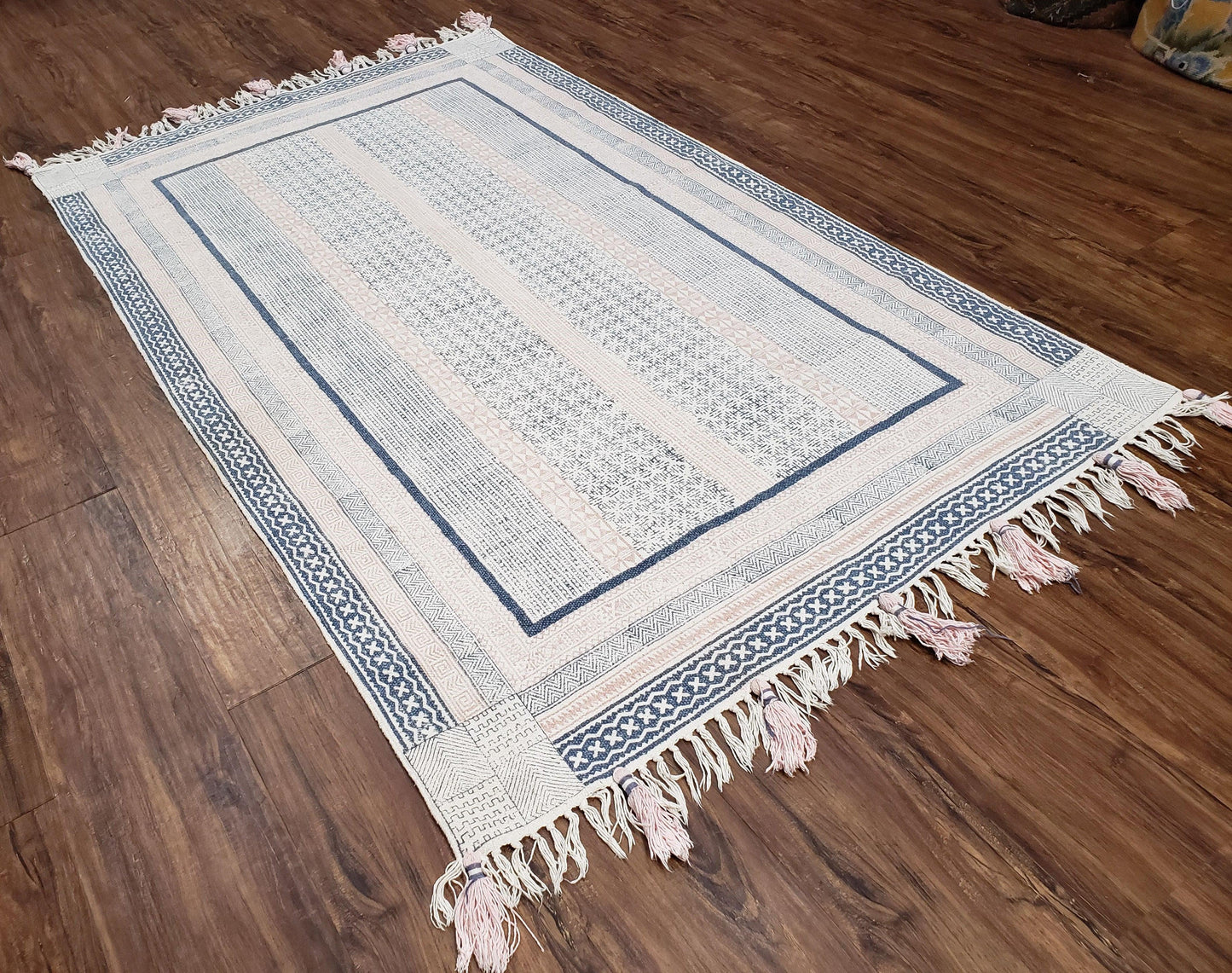 Vintage Moroccan Kilim Area Rug 4x6, Ivory & Blues, Moroccan Wall Hanging, Wool, Handmade, 3'9" x 6' 1", Boho Rug, Flatweave Moroccan Carpet - Nuvé