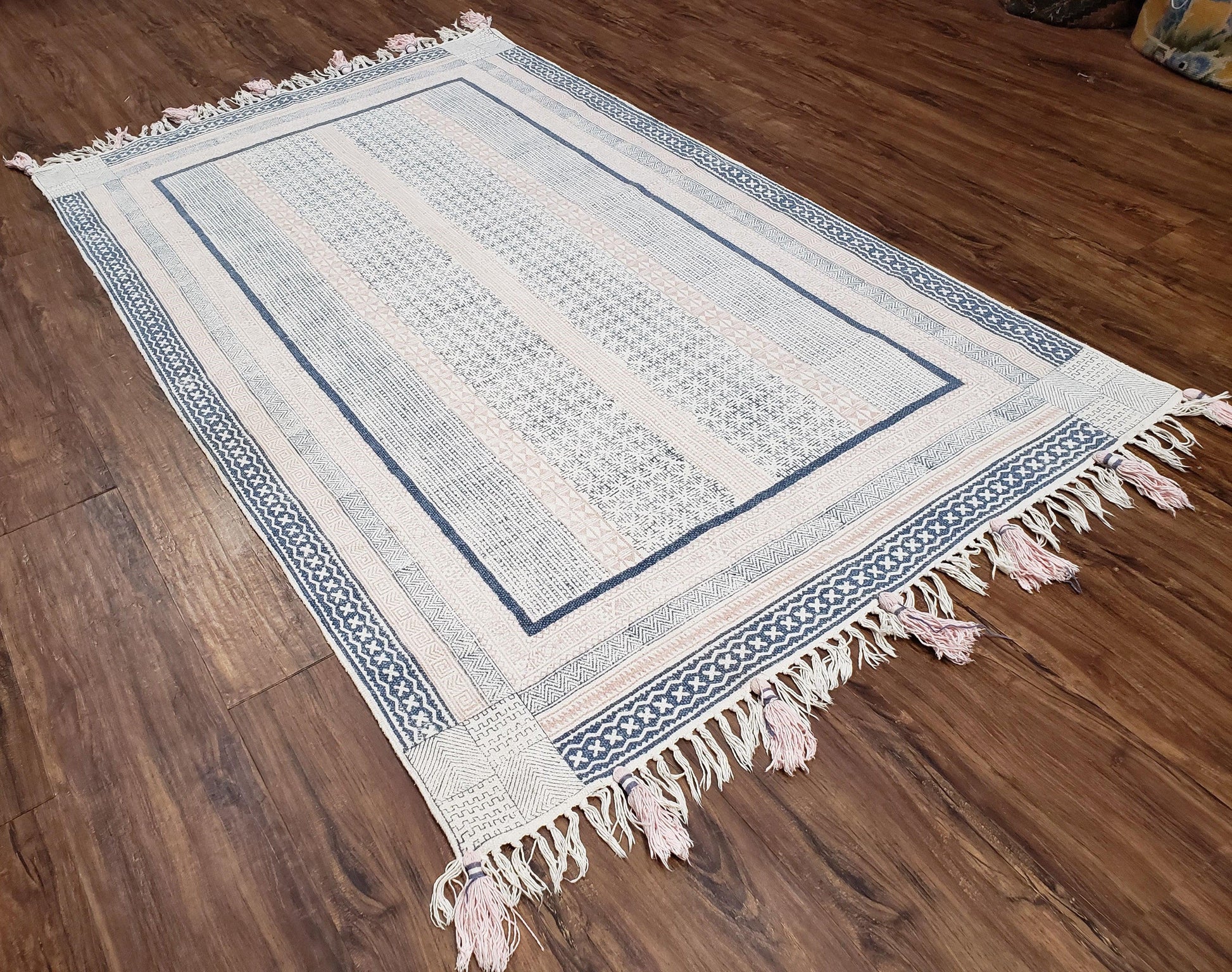 Vintage Moroccan Kilim Area Rug 4x6, Ivory & Blues, Moroccan Wall Hanging, Wool, Handmade, 3'9" x 6' 1", Boho Rug, Flatweave Moroccan Carpet - Nuvé