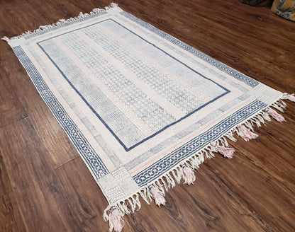 Vintage Moroccan Kilim Area Rug 4x6, Ivory & Blues, Moroccan Wall Hanging, Wool, Handmade, 3'9" x 6' 1", Boho Rug, Flatweave Moroccan Carpet - Nuvé