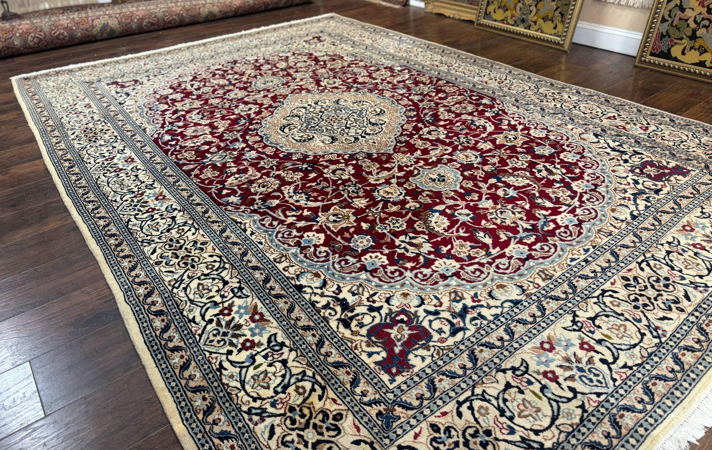 Persian Nain Rug 8x11, Wool and Silk Highlights, Burgundy & Ivory - Nuvé