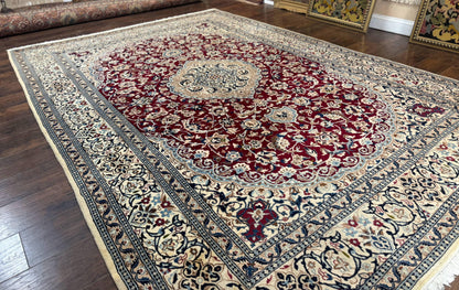 Persian Nain Rug 8x11, Wool and Silk Highlights, Burgundy & Ivory - Nuvé