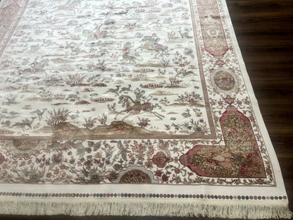 Large Turkish Silk Rug 8x10, Ivory, Hunting Design, Bamboo Silk, New - Nuvé