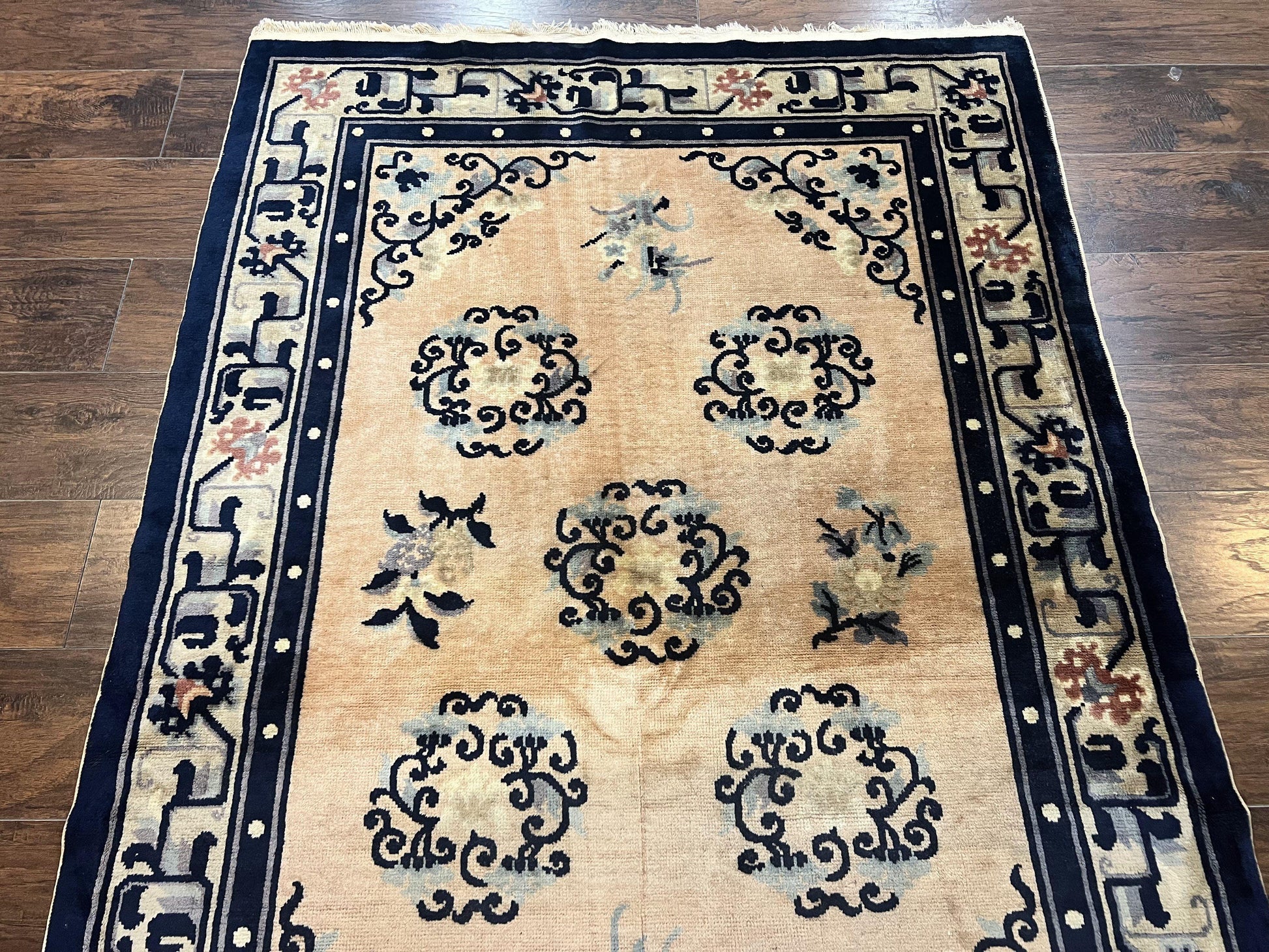 Chinese Peking Rug 4x6, Wool Hand Knotted Handmade Vintage Semi Antique Carpet, Semi Open Field, Light Peach & Navy Blue, Art Deco Rug - Nuvé