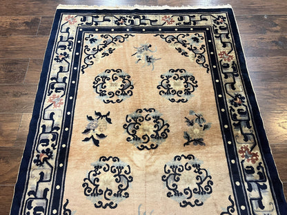 Chinese Peking Rug 4x6, Wool Hand Knotted Handmade Vintage Semi Antique Carpet, Semi Open Field, Light Peach & Navy Blue, Art Deco Rug - Nuvé