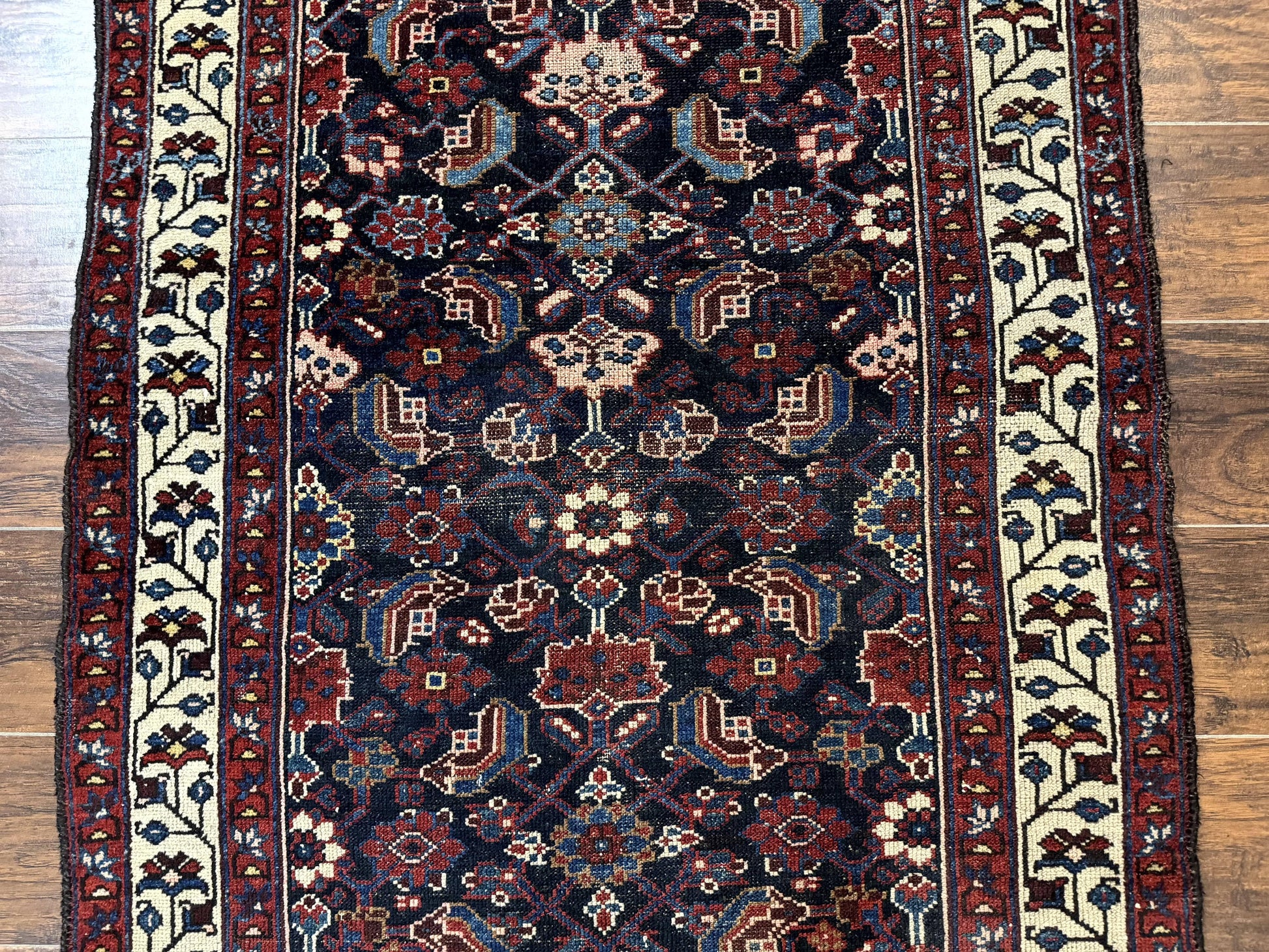 Navy Blue Antique Persian Rug 3x6, Blue and Ivory Persian Carpet, Handmade 1920s Hamadan Rug - Nuvé