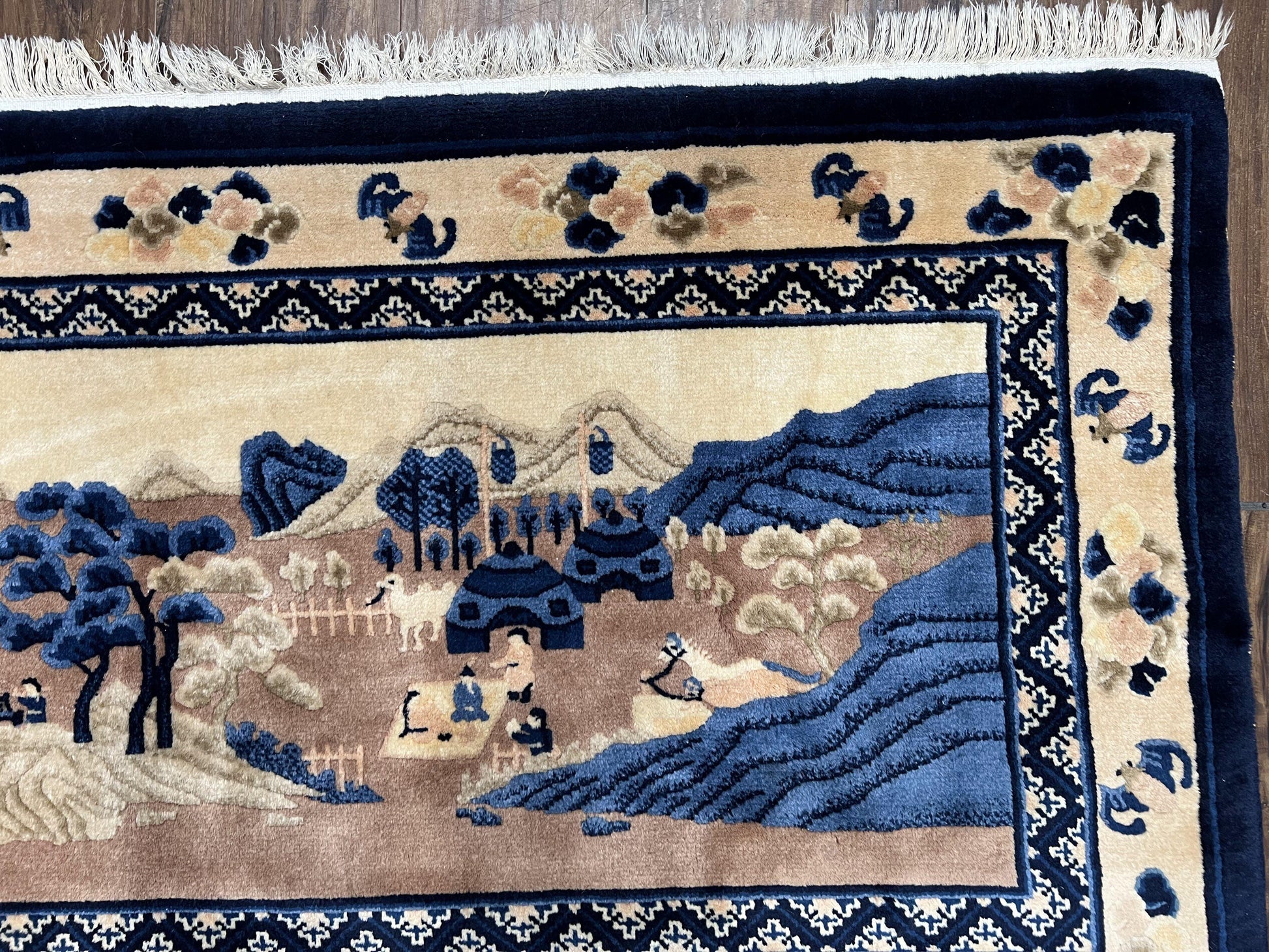 Antique Chinese Pictorial Rug 2.7 x 5, Chinese Village and Hills Carpet, Beige and Dark Blue, Handmade, Horizontal Rug Wall Hanging Tapestry - Nuvé
