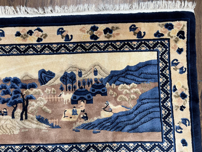 Antique Chinese Pictorial Rug 2.7 x 5, Chinese Village and Hills Carpet, Beige and Dark Blue, Handmade, Horizontal Rug Wall Hanging Tapestry - Nuvé