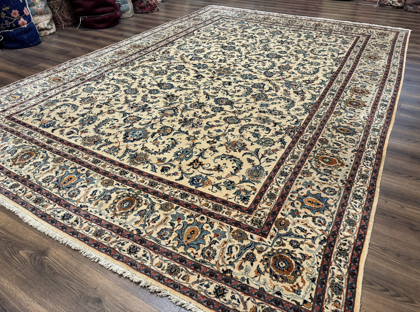 Persian Kashan Rug 10x14, Bone - Beige and Blue, Allover Pattern, Traditional Persian Carpet, Fine 260 KPSI - Nuvé