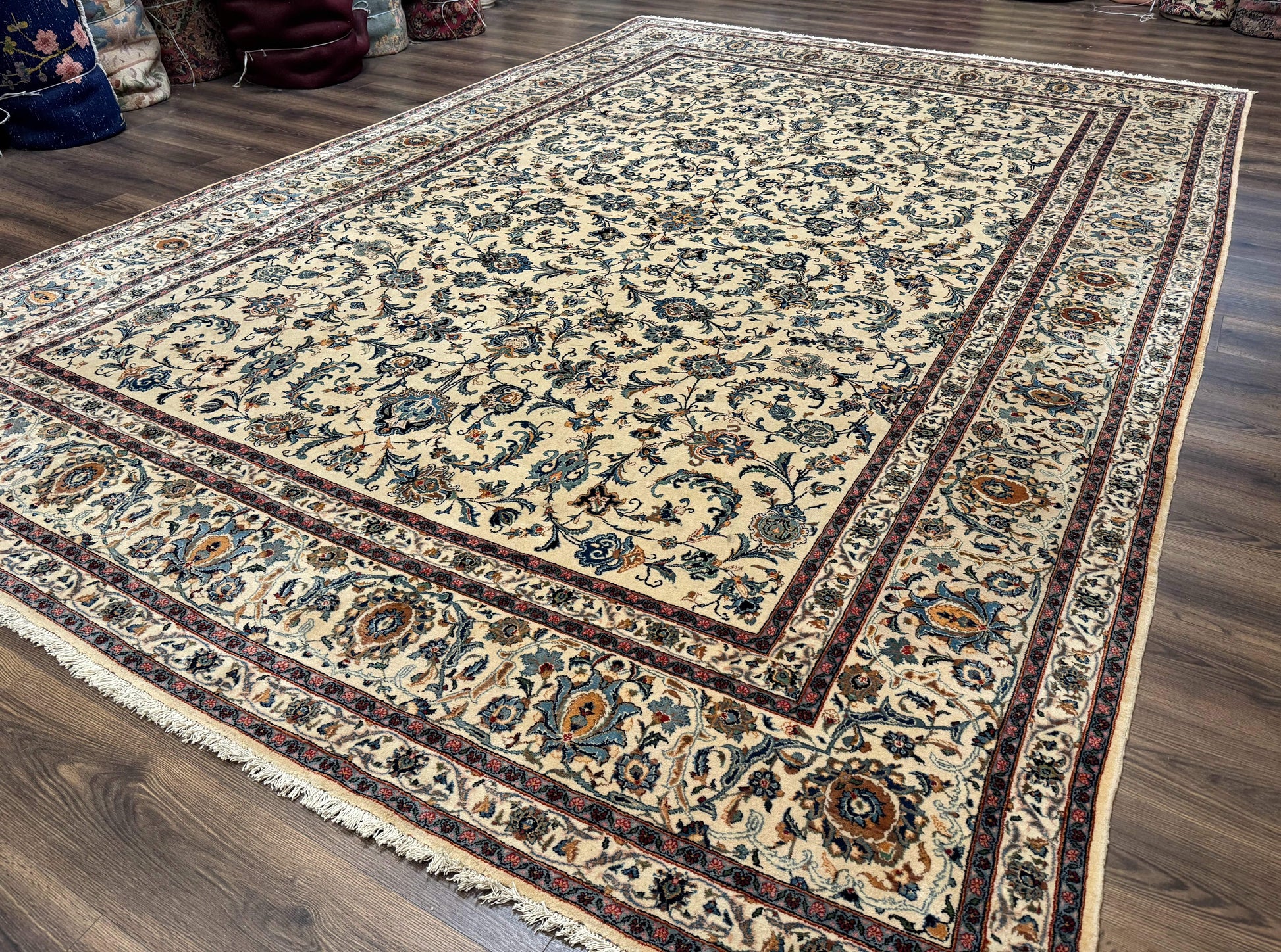 Persian Kashan Rug 10x14, Bone - Beige and Blue, Allover Pattern, Traditional Persian Carpet, Fine 260 KPSI - Nuvé