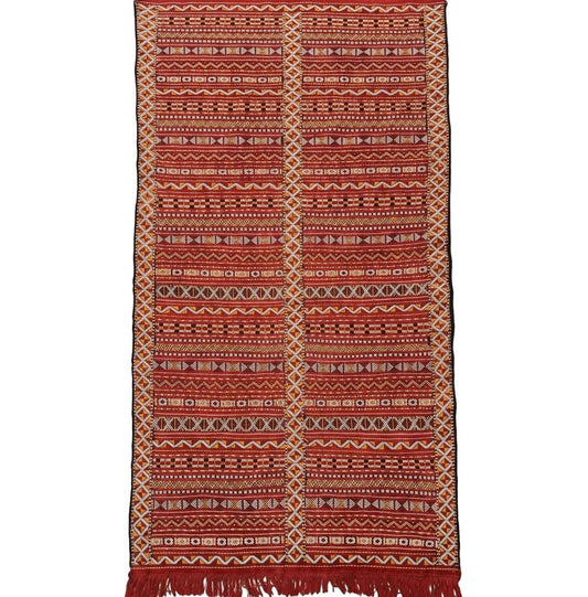 Moroccan Kilim Rug 4x8, Flatweave, Bohemian, Red Ivory Orange