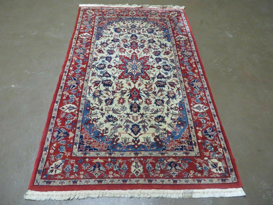 3' X 5' Vintage Handmade Authentic Oriental Floral Medallion Fine Wool Rug Beige Red and Blue Top Quality Veg Dyes - Nuvé