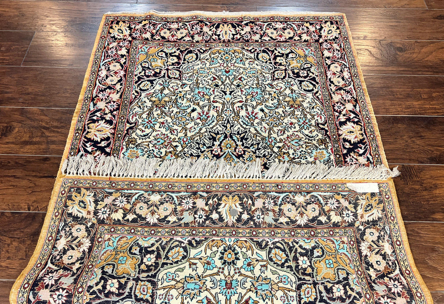 Silk Persian Qum Rug 4x5, Hand Knotted Vintage Carpet, Cream & Navy Blue, Silk Pile on Silk Foundation, Very Fine 360 KPSI - Nuvé