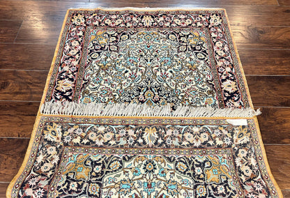 Silk Persian Qum Rug 4x5, Hand Knotted Vintage Carpet, Cream & Navy Blue, Silk Pile on Silk Foundation, Very Fine 360 KPSI - Nuvé