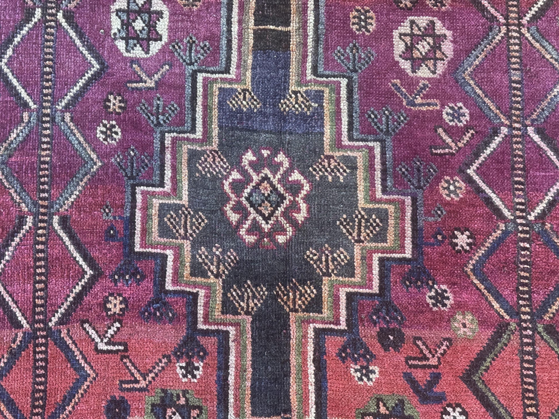 Persian Tribal Shiraz Rug 5x8, Geometric, Raspberry Red and Charcoal, Antique Persian Carpet - Nuvé