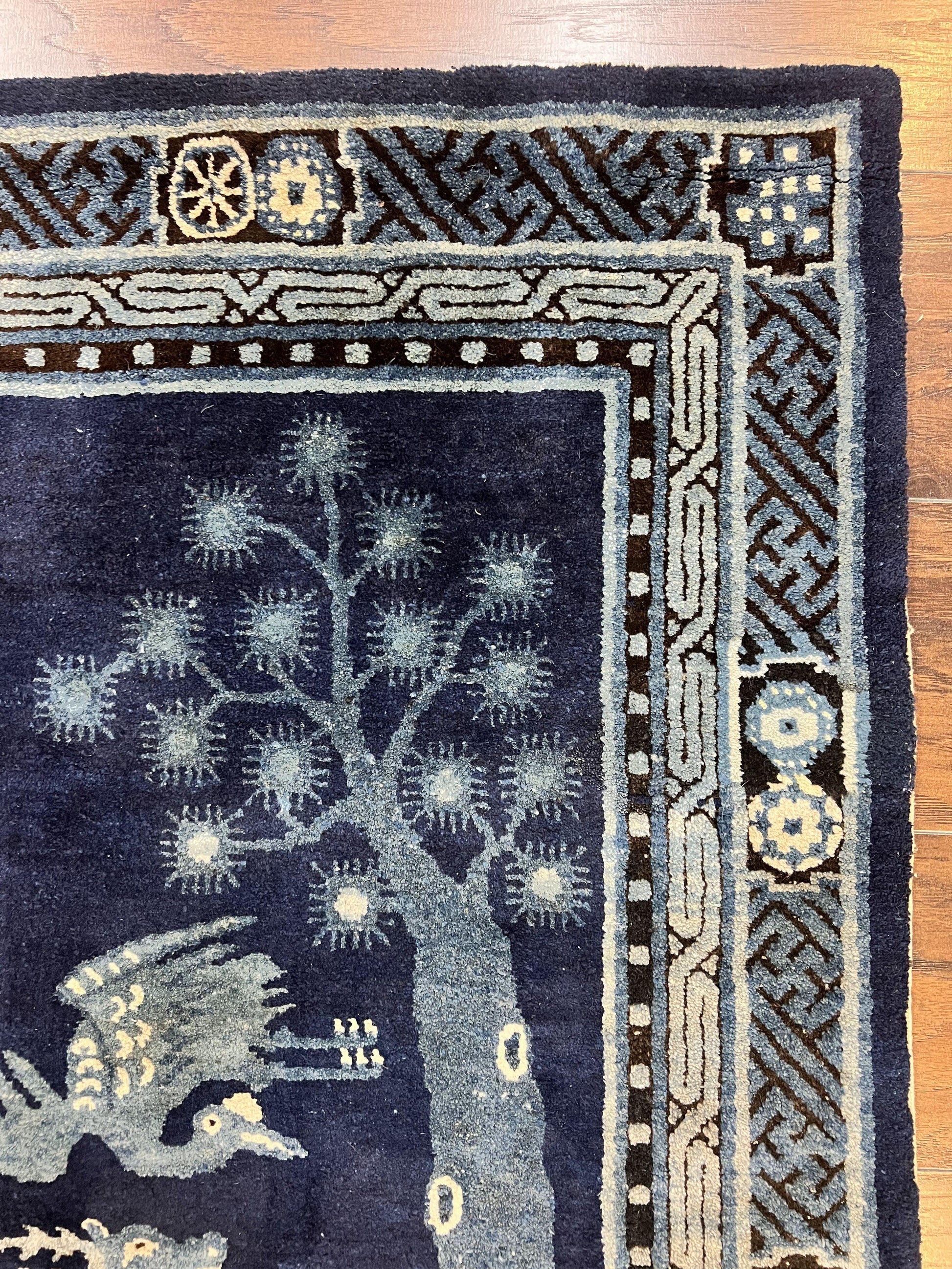 Antique Chinese Peking Rug 3x5, Dark Blue Chinese Wool Rug 3 x 5, Animal Pictorials Deer Birds, Handmade Asian Oriental Chinese Carpet - Nuvé