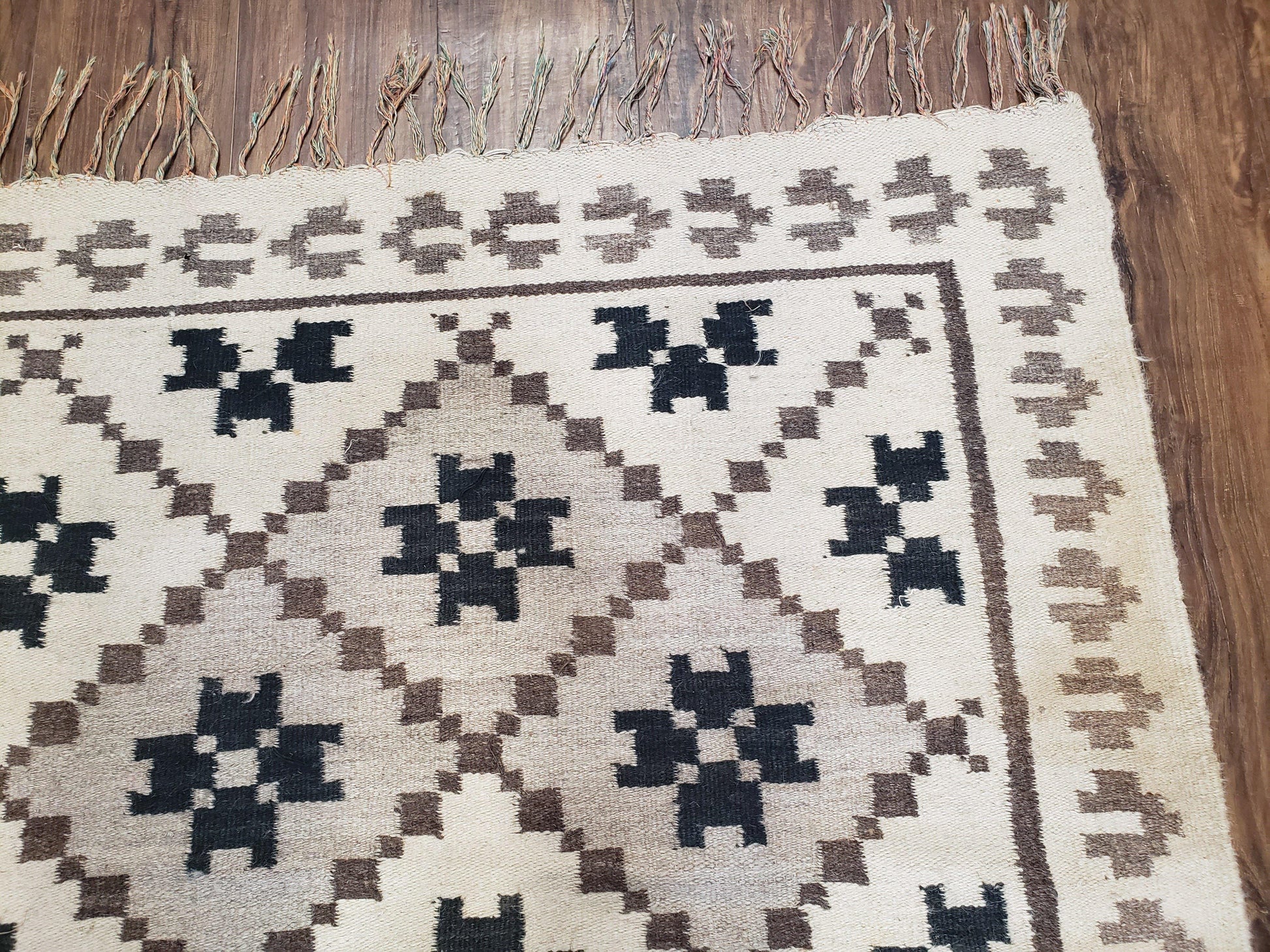 Semi Antique South American Blanket 4x8, Wool Hand-Woven Flatweave Kilim Rug, Handmade Antique Vintage Runner, Ivory & Blue, Diamond Panel - Nuvé