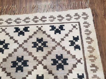 Semi Antique South American Blanket 4x8, Wool Hand-Woven Flatweave Kilim Rug, Handmade Antique Vintage Runner, Ivory & Blue, Diamond Panel - Nuvé