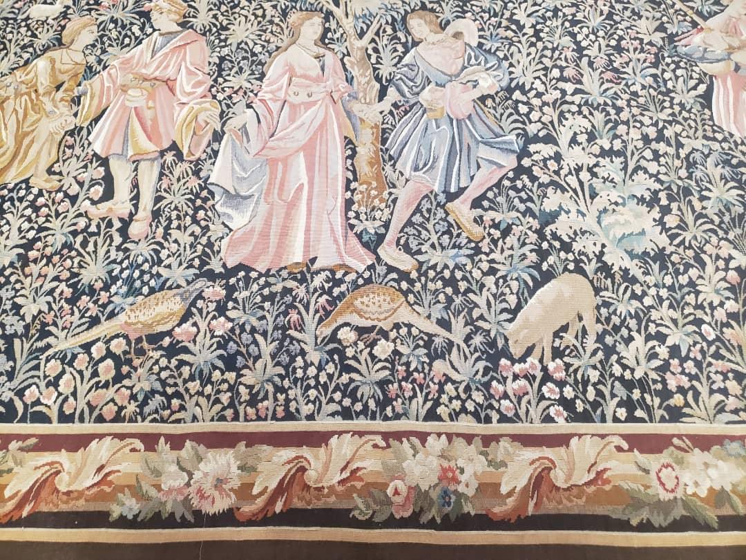 Vintage European Tapestry 5.4 x 7.11, Antique Style European Wall Hanging, Aubusson Weave Handmade Tapestry, Courtship Dating Scene, Animals - Nuvé