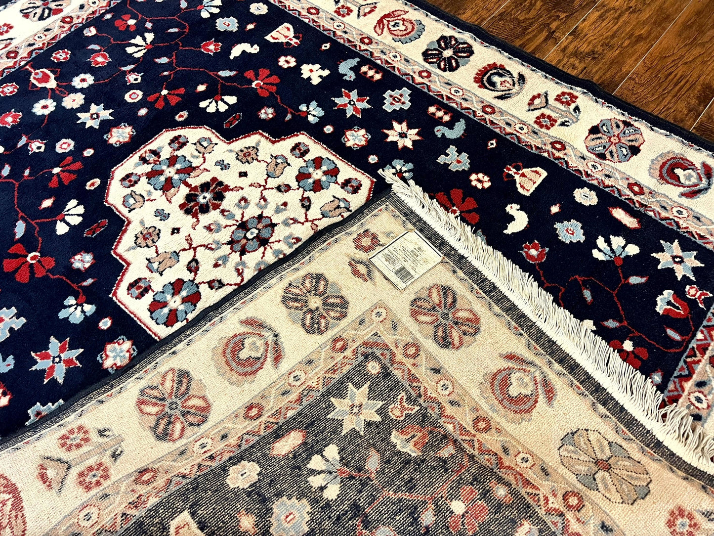 Belgium Power Loomed Rug 5.6 x 7, Navy Blue and Ivory, Heriz Pattern, Vintage Oriental Carpet - Nuvé