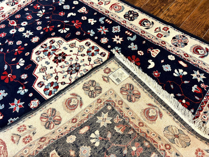 Belgium Power Loomed Rug 5.6 x 7, Navy Blue and Ivory, Heriz Pattern, Vintage Oriental Carpet - Nuvé