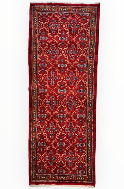 Vintage Mashhad Wool Runner – 3’3” x 8’4” – 1970s, Rich Red with Blue & Beige Accents - Nuvé
