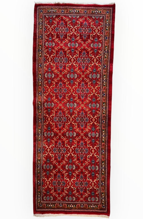 Vintage Mashhad Wool Runner – 3’3” x 8’4” – 1970s, Rich Red with Blue & Beige Accents - Nuvé