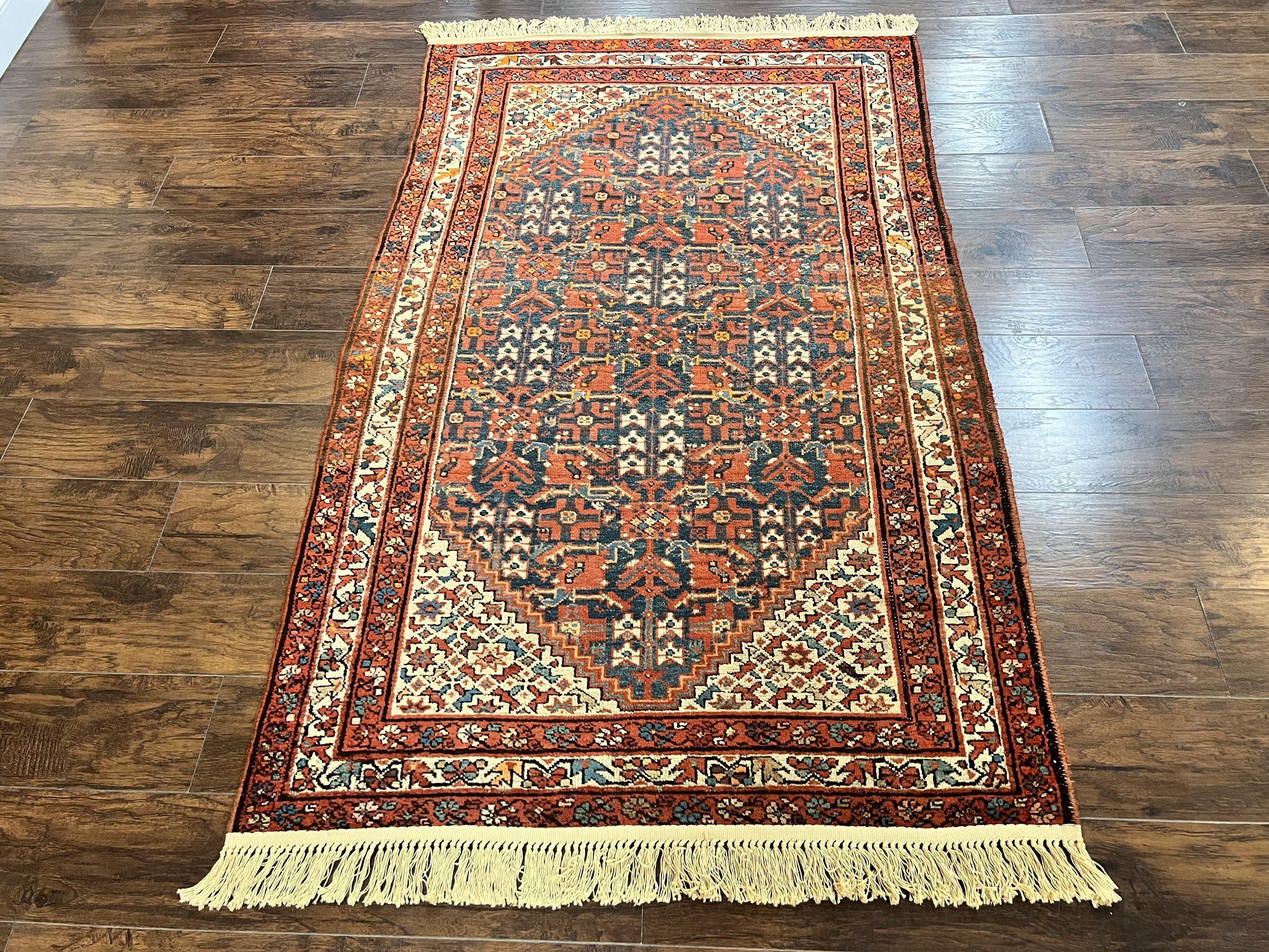 Persian Malayer Rug 4x7, Tribal Rug, Geometric, Antique Oriental Carpet, Red Blue Cream, Boho Rug, Hand Knotted Wool Rug - Nuvé