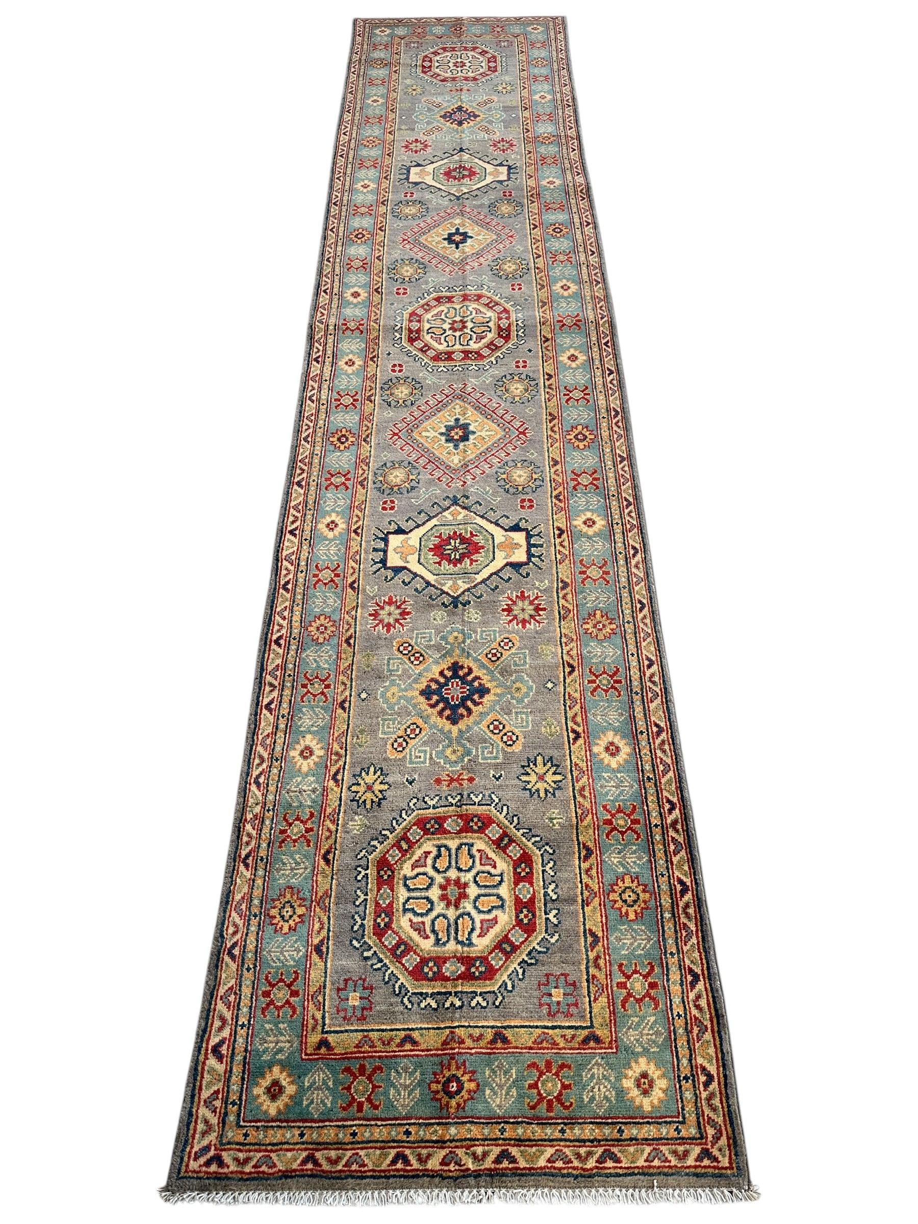 Hand-Knotted Afghan Kazak Wool Runner Rug – 2'7" x 12'3" – Traditional Geometric Design - Nuvé