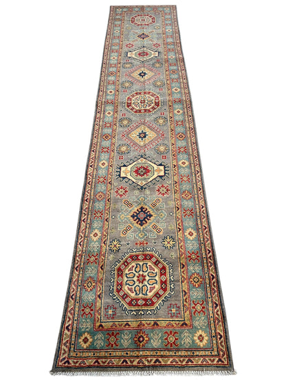 Hand-Knotted Afghan Kazak Wool Runner Rug – 2'7" x 12'3" – Traditional Geometric Design - Nuvé