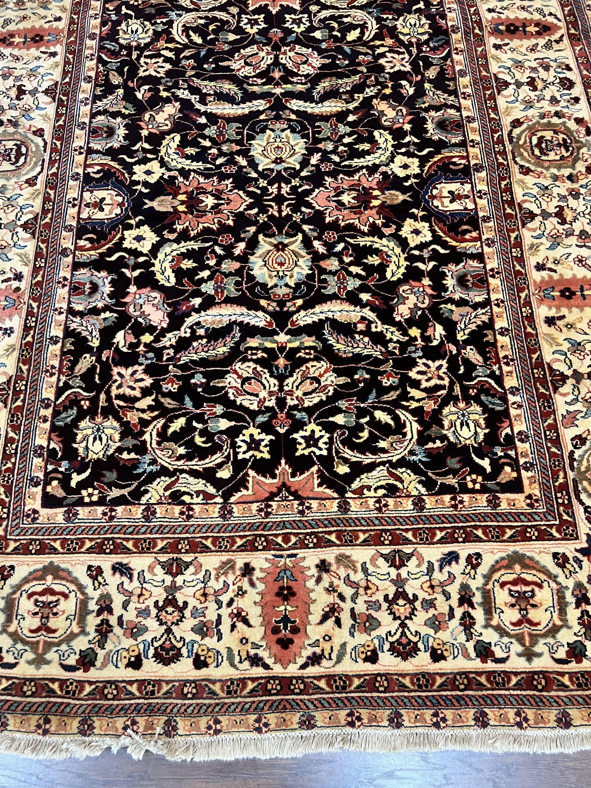 Indo Persian Rug 5x15, Wide Runner Rug 5 x 15 ft, Wool Hand Knotted Vintage Carpet, Black & Cream, Floral Allover Long Oriental Rug - Nuvé