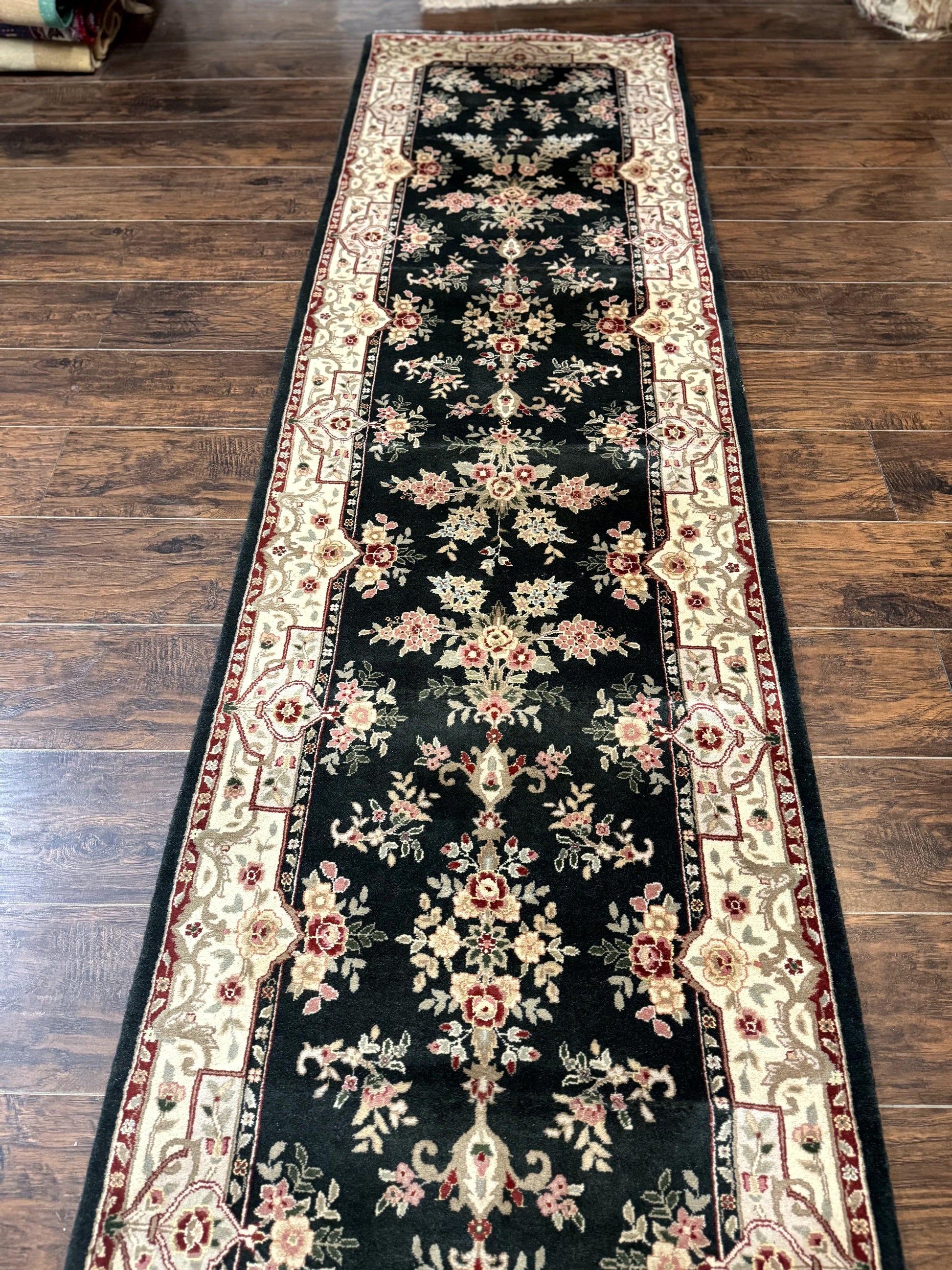 Long Pak Persian Runner Rug 2.7 x 21, Floral Allover, Dark Green and Beige, Handmade Wool Runner Rug, 21ft Runner for Hallway - Nuvé
