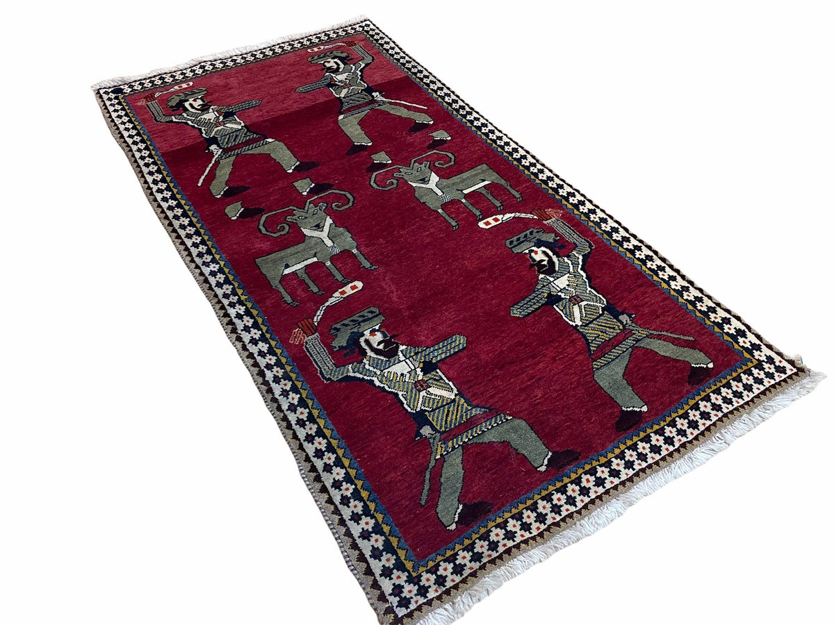 3 X 6 Handmade Wool Rug Tribal Balouch Warriors Deer Animal Pictorial Red Swords