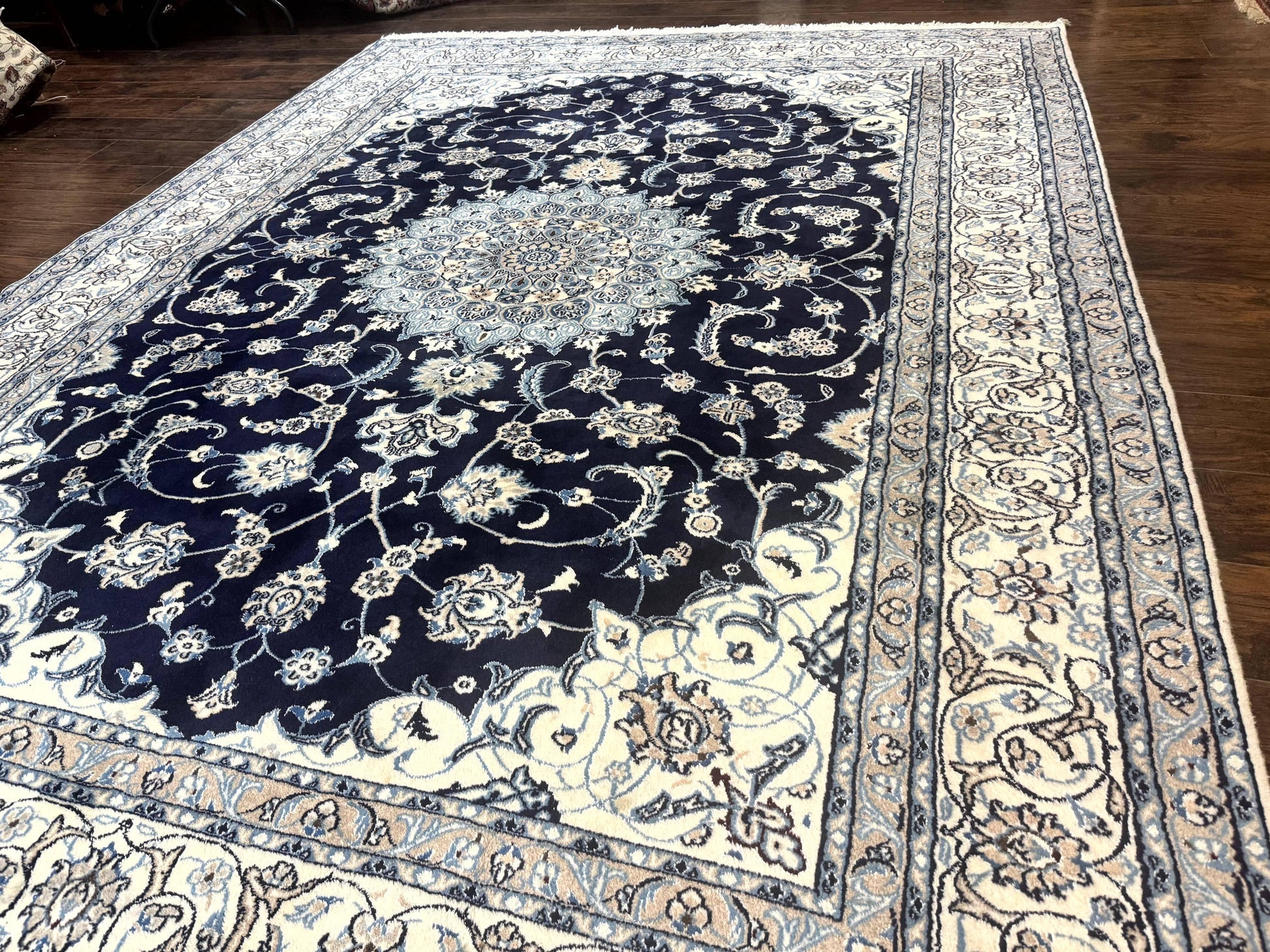 Persian Nain Rug 8x11, Navy Blue and Ivory, Handmade Wool Vintage Carpet, Floral Medallion - Nuvé