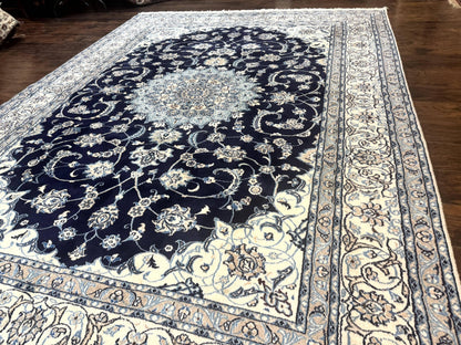 Persian Nain Rug 8x11, Navy Blue and Ivory, Handmade Wool Vintage Carpet, Floral Medallion - Nuvé