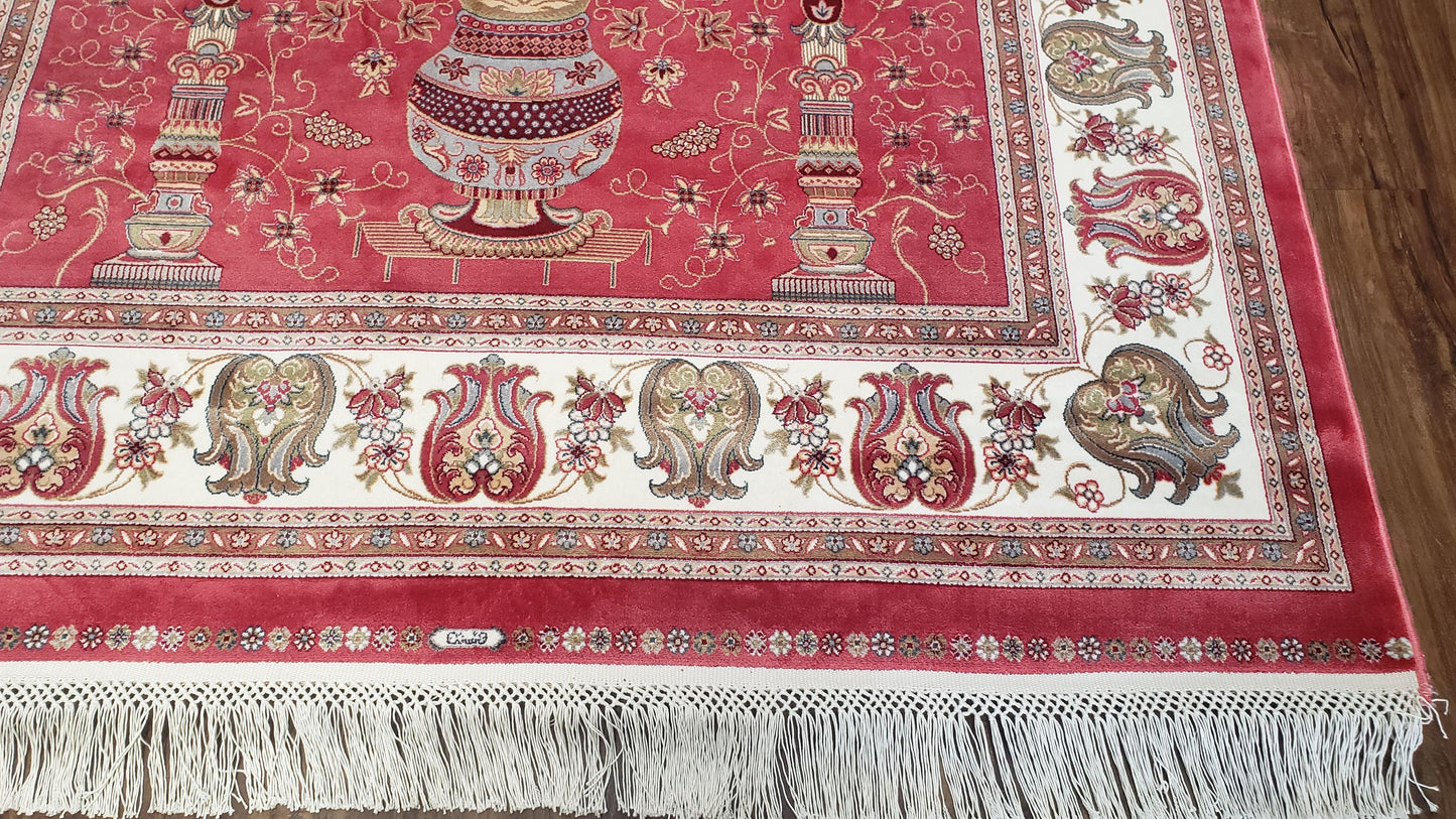4 x 6 Silk Carpet Red, Traditional Oriental Rug 4x6, Flower Vase Columns, Turkish Rug New, High Quality, Bamboo Silk, Area Rug - Nuvé