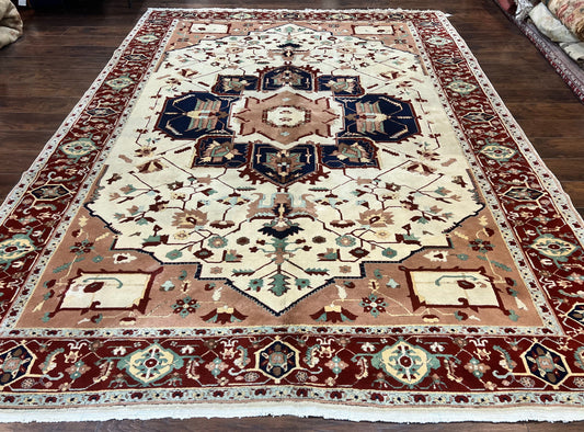 Indo Heriz Rug 9x12, Geometric Indo Persian Room Sized Decorative Area Rug 9 x 12 ft, Cream Navy Blue Pink Handmade Vintage Wool Carpet - Nuvé