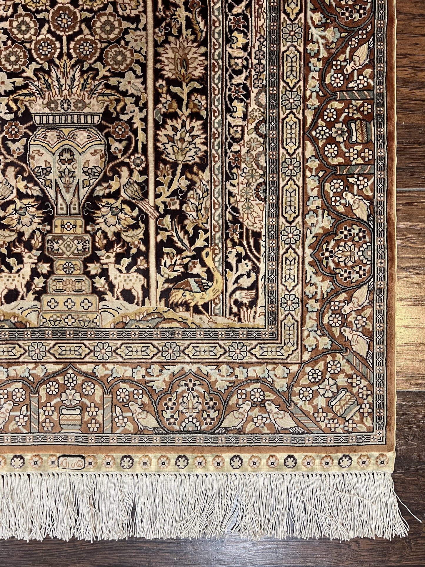 Turkish Silk Hereke Rug 2x3, Floral Vase Tree of Life Birds, Silk Pile on Silk Foundation, Vintage Oriental Carpet, Very Fine, Signature