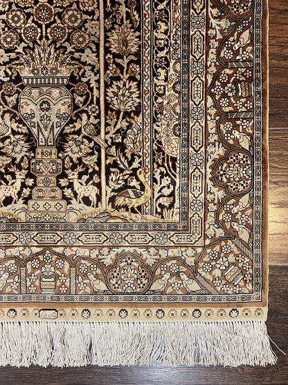 Turkish Silk Hereke Rug 2x3, Floral Vase Tree of Life Birds, Silk Pile on Silk Foundation, Vintage Oriental Carpet, Very Fine, Signature