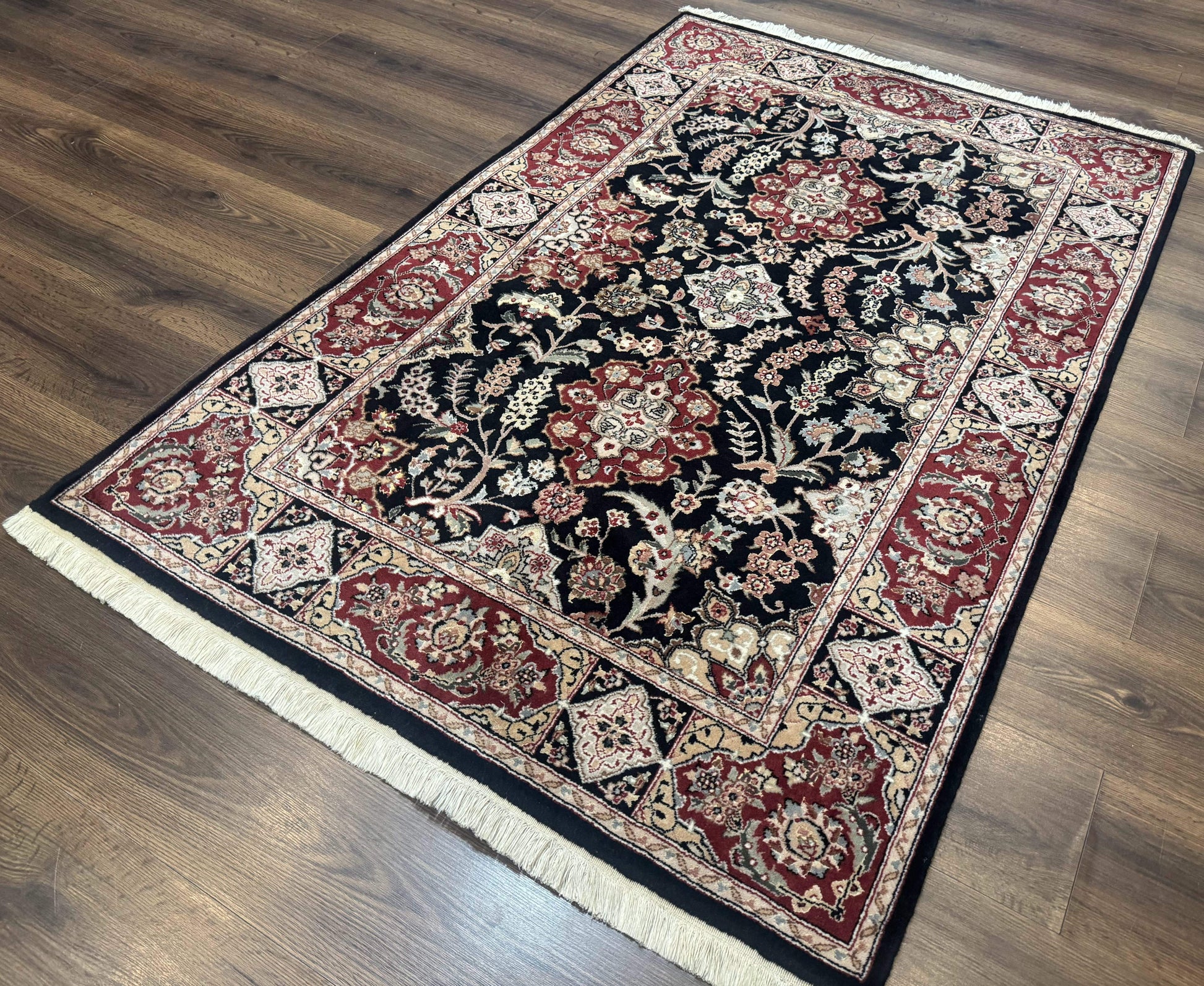 Pak Persian Rug 4x6, Black and Burgundy, Floral Allover, Wool and Silk - Nuvé