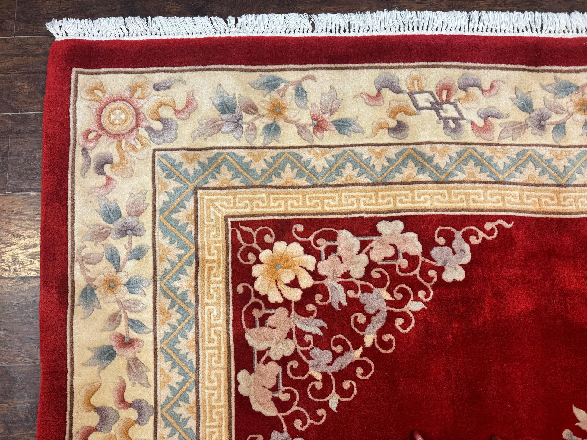 Chinese Wool Rug 8.6 x 11, Red and Beige Asian Oriental Carpet, Plush Pile, Vintage Handmade Chinese Carving Sculpted Rug, Semi Open Field - Nuvé