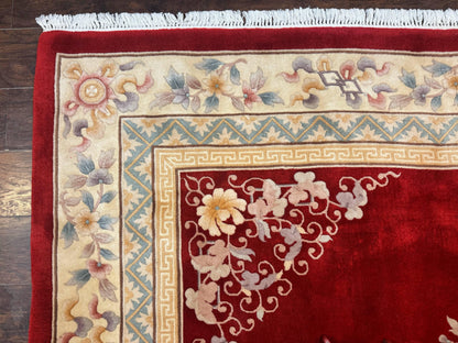 Chinese Wool Rug 8.6 x 11, Red and Beige Asian Oriental Carpet, Plush Pile, Vintage Handmade Chinese Carving Sculpted Rug, Semi Open Field - Nuvé