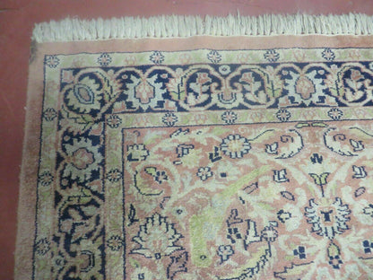 Indian Silk Rug 4x6, Indian Kashmiri Silk Carpet 4 x 6 ft, Vintage Hand Knotted Floral Bird Motifs, Light Pink and Navy Blue, Silk on Cotton - Nuvé