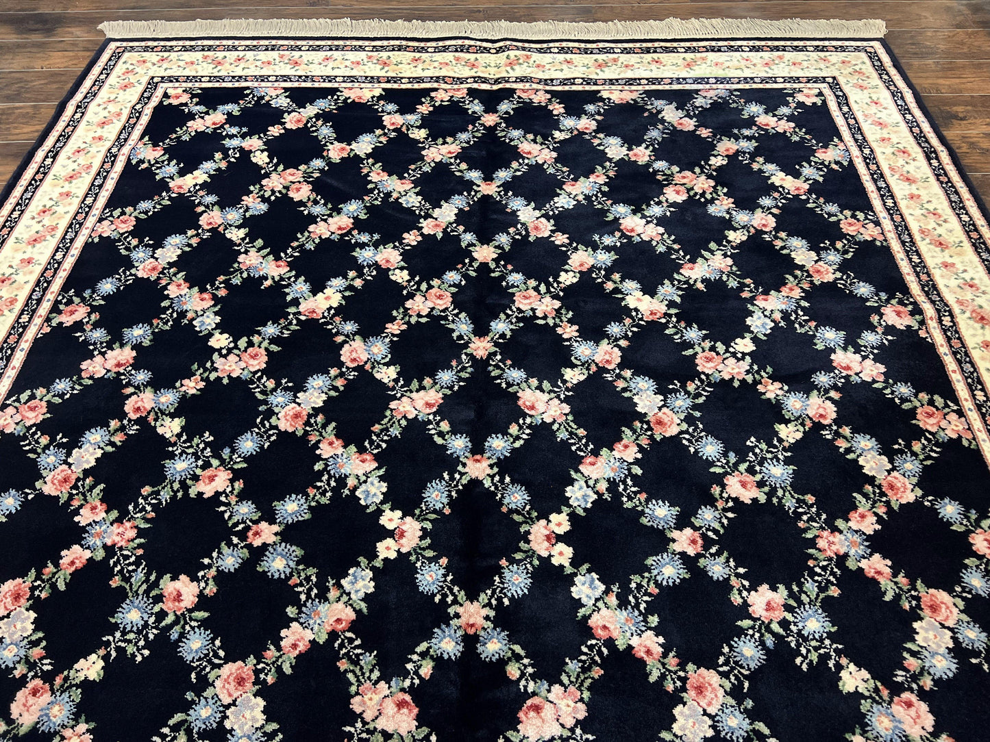 Karastan Rug 8' 8" x 12" Garden of Eden Collection Ebony Trellis #509/1270, Wool Pile Discontinued Vintage Karastan Carpet, Room Sized Rug