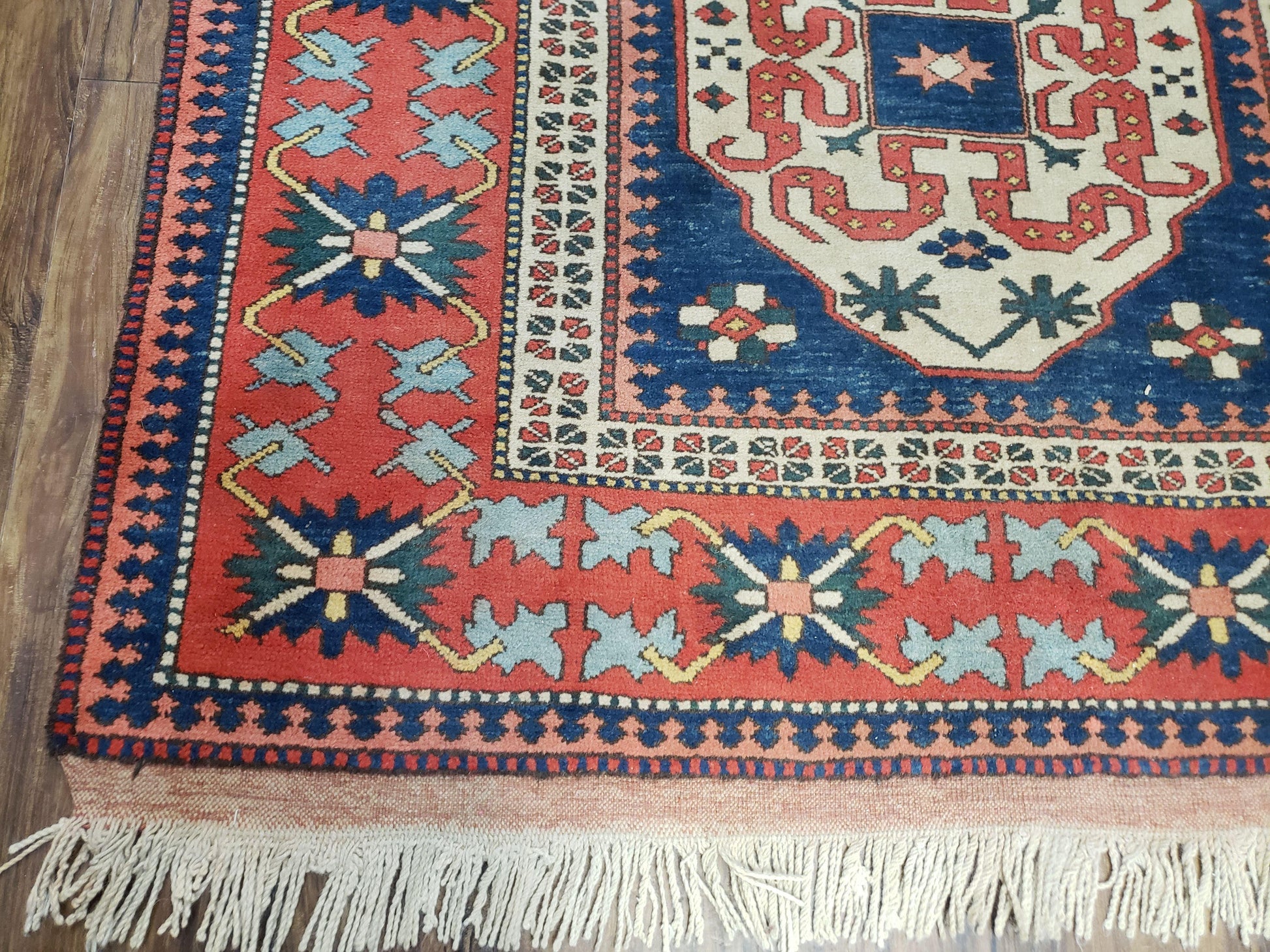 Turkish Kazak Rug 5x6 Vintage Handmade Wool Carpet Geometric Blue Red - Nuvé