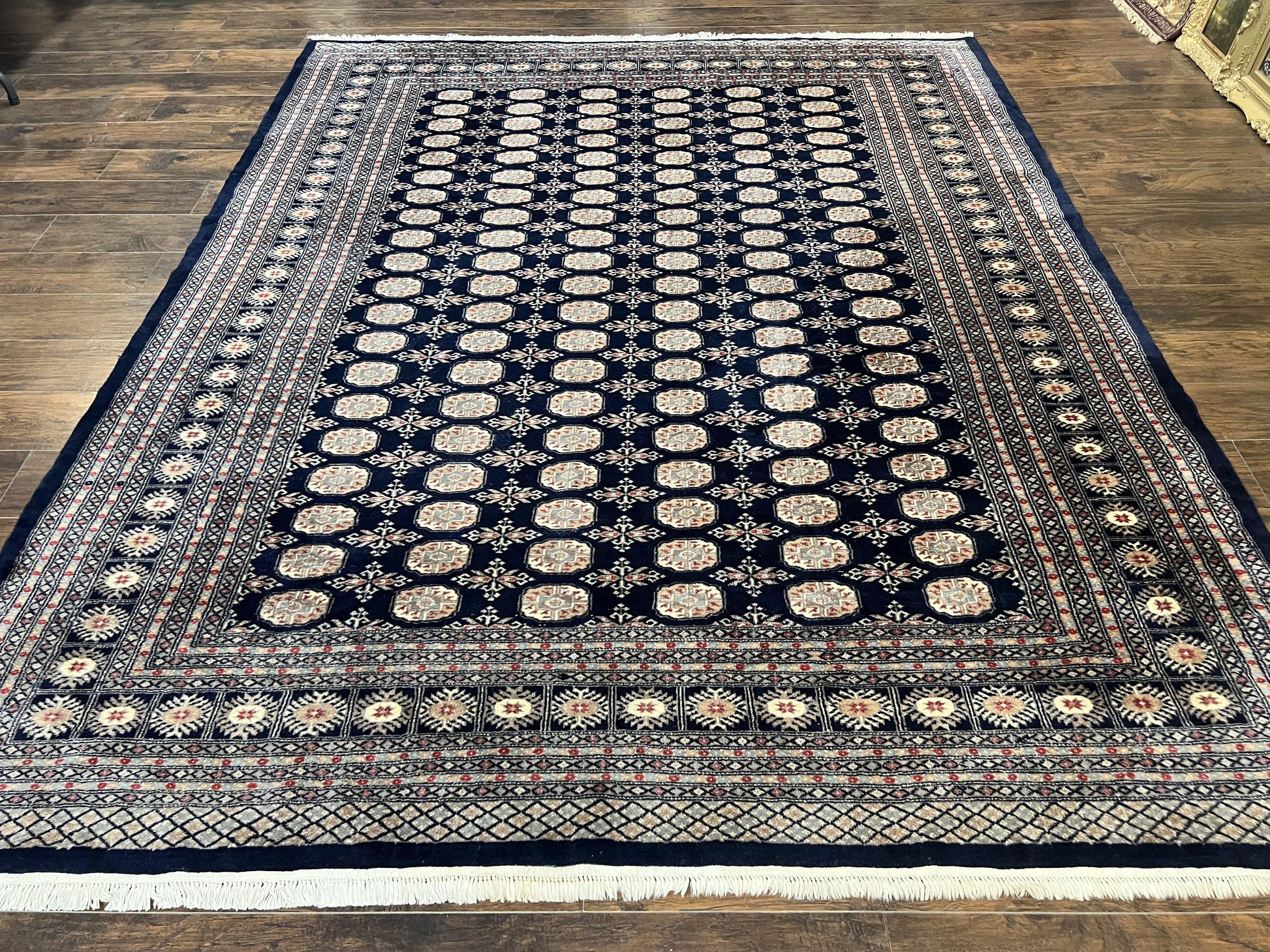 Pakistani Bokhara Rug 8x10, Turkoman Carpet, Dark Blue and Beige, Vintage Handmade Wool Carpet - Nuvé
