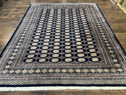 Pakistani Bokhara Rug 8x10, Turkoman Carpet, Dark Blue and Beige, Vintage Handmade Wool Carpet - Nuvé