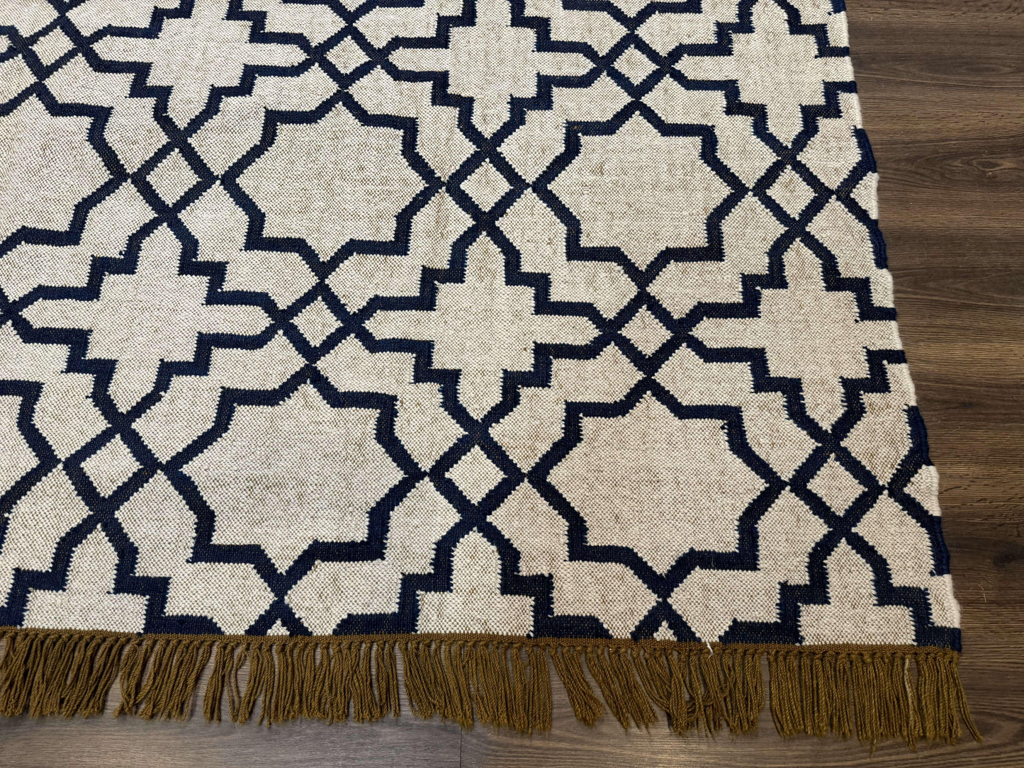 Indian Kilim Rug 8x10, Oat and Navy Blue, Dhurrie Carpet, Handmade, Wool - Nuvé