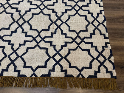 Indian Kilim Rug 8x10, Oat and Navy Blue, Dhurrie Carpet, Handmade, Wool - Nuvé