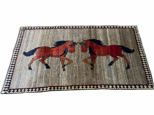 4 X 7 Handmade Hand-Knotted Quality Wool Rug Pictorial Horses Veggie Dyes Tribal - Nuvé