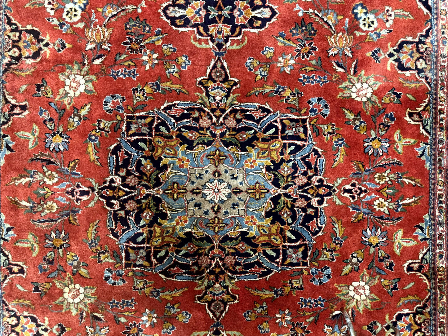 Indo Persian Rug 7x10, Vintage Handmade Wool Carpet, Floral Medallion Traditional Rug, Red and Midnight Blue - Nuvé